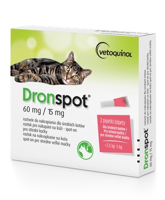 VETOQUINOL Dronspot - roztwór do nakrapiania dla średnich kotów o masie ciała od 2,5 do 5kg (2x0,7ml)