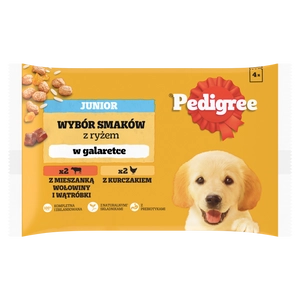 PEDIGREE Junior saszetka 4x100 g - Wybór Smaków z Ryżem w Galaretce, mokra karma pełnoporcjowa dla rosnących psów (kawałki bogate w kurczaka oraz kawałki bogate w mieszankę wołowiny i wątróbki)