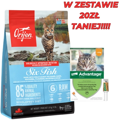 ORIJEN Six Fish Cat 1,8kg + Advantage - dla kotów (0,4mlx4) *roztwór* blister