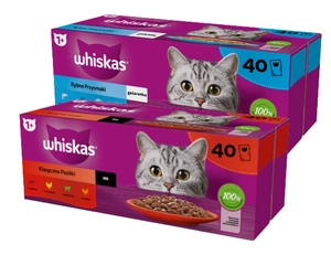 WHISKAS Adult saszetki 40 x 85 g Rybne Przysmaki - mokra karma dla dorosłego kota, w galaretce + WHISKAS Adult saszetki 40 x 85 g Klasyczne Posiłki 