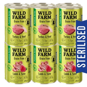 WILD FARM Premium Grain Free Turkey and Veal / Lamb and Tuna 12x400g - bezzbożowa karma dla kota sterylizowanego