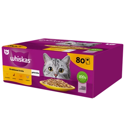 WHISKAS Adult saszetka 80 x 85 g Drobiowa Uczta - mokra karma dla dorosłego kota, w galaretce (kawałki z: kurczakiem, kaczką, drobiem, indykiem)