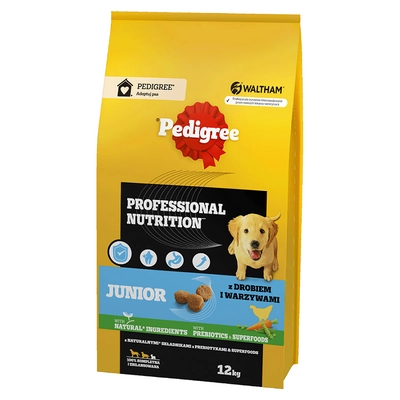 PEDIGREE® Junior Professional Nutrition 12 kg z drobiem i warzywami - sucha karma pełnoporcjowa dla szczeniąt psów dużych i średnich ras \ Opakowanie uszkodzone (7191) !!! 