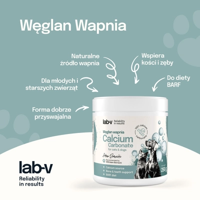 Lab-v Węglan Wapnia – Naturalne źródło wapnia dla psów i kotów 250 g