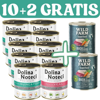 Dolina Noteci PREMIUM bogata w perliczkę/cielęcinę 10x800g + WILD FARM Superfood Duck 2x800g GRATIS