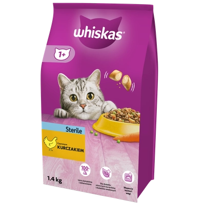 WHISKAS Sterile 1,1 kg - sucha karma dla dorosłego kota po zabiegu kastracji, z pysznym kurczakiem / Opakowanie uszkodzone (2262) !!!