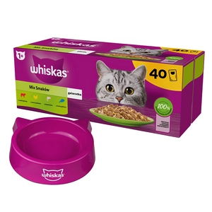 WHISKAS Adult saszetki 40 x 85 g Mix Smaków - mokra karma dla dorosłego kota, w galaretce (kawałki z: wołowiną, kurczakiem, łososiem, tuńczykiem) + MISKA DLA KOTA GRATIS !!!