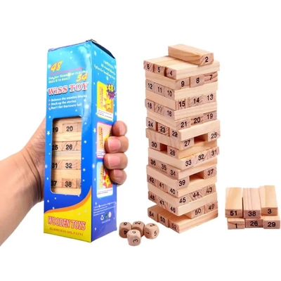 Klocki jenga drewniane 54szt + kostki