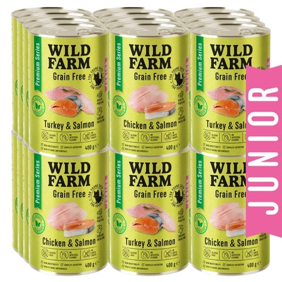 WILD FARM Premium Grain Free Turkey and Salmon / Chicken and Salmon Junior 24x400g  - bezzbożowa karma dla kociąt