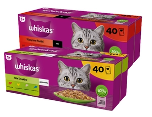 WHISKAS Adult saszetki 40 x 85 g Mix Smaków - mokra karma dla dorosłego kota, w galaretce + WHISKAS Adult saszetki 40 x 85 g Klasyczne Posiłki