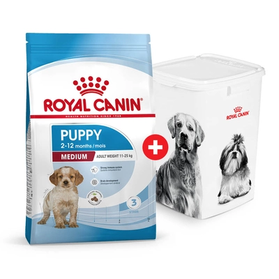 ROYAL CANIN Medium Puppy 15kg karma sucha dla szczeniąt, od 2 do 12 miesiąca, ras średnich + Wiadro na karmę 51l  GRATIS