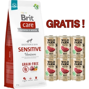 BRIT CARE Grain-free Sensitive Venison 12kg + 6x400g WILD FARM Pate Beef