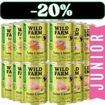 WILD FARM Premium Grain Free Chicken and Salmon / Turkey and Salmon Junior 12x400g  - bezzbożowa karma dla kociąt