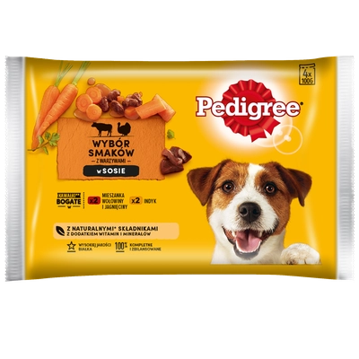 PEDIGREE Adult saszetka 4x100 g - Wybór Smaków z Marchewką w Sosie, mokra karma pełnoporcjowa dla dorosłych psów (kawałki bogate w mieszankę wołowiny i jagnięciny oraz kawałki bogate w indyka)