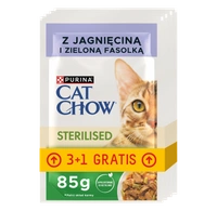 CAT CHOW Sterilised Karma dla kotów z jagnięciną i zieloną fasolką w sosie 4x85g (3+1 GRATIS)