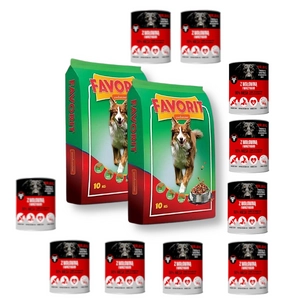 Favorit Karma sucha dla psa z wołowiną 2x10kg + Mr.BIG kawałki w sosie z wołowiną 10x400g dla psa
