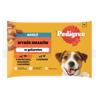 PEDIGREE Adult saszetka 4x100 g - Wybór Smaków w Galaretce, mokra karma pełnoporcjowa w galaretce dla dorosłych psów (kawałki bogate w mieszankę wołowiny i wątróbki oraz kawałki bogate w drób)
