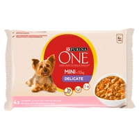 Purina One Mini Delicate Karma dla psów z łososiem ryżem i marchewką w sosie 4 x 100g