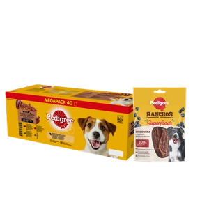 PEDIGREE Adult saszetka 40x100 g - Mix Smaków w Galaretce - mokra karma pełnoporcjowa w galaretce dla dorosłych psów + PEDIGREE® Ranchos™ Superfoods z wołowiną, jagodami i pełnym ziarnem 70g GRATIS