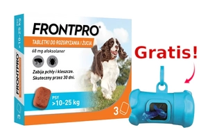 Frontpro tabletki na pchły i kleszcze L 68mg 10-25kg x 3tabl + Frontline Dozownik na woreczki GRATIS!
