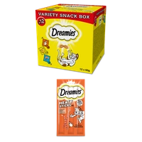 DREAMIES™ Variety Snack Box – karma uzupełniająca dla kotów (z kurczakiem, z serem i o smaku łososia) - 12x60g + DREAMIES 30g – karma uzupełniająca dla dorosłych kotów, z pysznym kurczakiem GRATIS