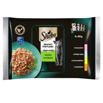 SHEBA Delicacy Fine Flakes Wybór Smaków saszetki 4x85 g – mokra karma pełnoporcjowa dla dorosłych kotów, w galaretce (kawałki z: łososiem, białą rybą, kurczakiem, indykiem)