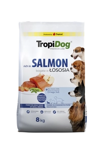 TROPIDOG Premium Adult Small Breeds bogaty w łososia i ryż 8kg