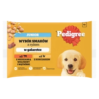 PEDIGREE Junior saszetka 4x100 g - Wybór Smaków z Ryżem w Galaretce, mokra karma pełnoporcjowa dla rosnących psów (kawałki bogate w kurczaka oraz kawałki bogate w mieszankę wołowiny i wątróbki)
