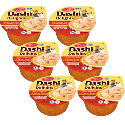 Inaba DASHI uzupełniająca karma dla kota- bulion o smaku kurczaka, tuńczyka i łososia 6x70 g 