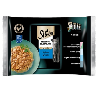 SHEBA Selection Select Slices Rybne Smaki saszetki 4x85 g – mokra karma pełnoporcjowa dla dorosłych kotów, w sosie (kawałki z: łososiem i dorszem czarnym, białą rybą, rybą oceaniczną, dorszem)