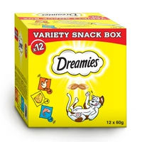 DREAMIES™ Variety Snack Box – karma uzupełniająca dla kotów (z kurczakiem, z serem i o smaku łososia) - 12x60g