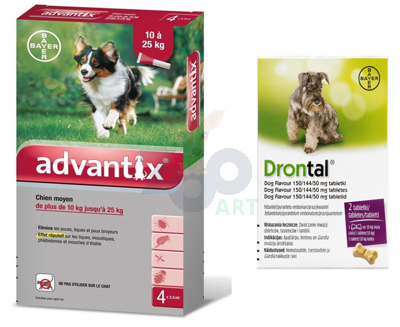Advantix - dla psów 10-25kg (4 pipety x 2,5ml) + Drontal - Dog flavour 2tabl. (kostki)