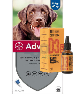 Advantix - dla psów 25-40kg (4 pipety x 4ml) + olej konopny - witamina D3 Forte 30ml (dla ludzi)