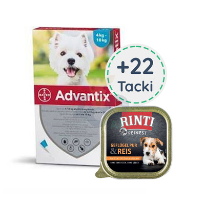 Advantix - dla psów 4-10kg (4 pipety x 1ml) + Rinti Feinest Pies - drób i ryż tacka 22x150g