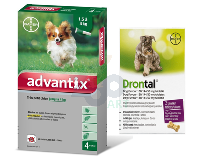 Advantix - dla psów do 4kg (4 pipety x 0,4ml) + Drontal - Dog flavour 2tabl. (kostki) 