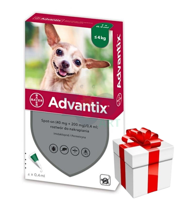 Advantix - dla psów do 4kg (4 pipety x 0,4ml) + niespodzianka dla psa GRATIS!