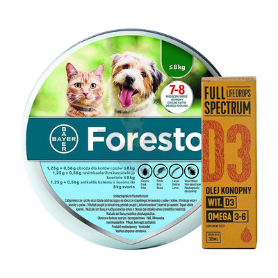 BAYER Foresto Obroża dla kotów i psów poniżej 8kg + Olej konopny - witamina D3 30ml (dla ludzi)