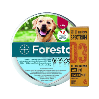 BAYER Foresto Obroża dla psów powyżej 8kg + olej konopny - witamina D3 30ml (dla ludzi)