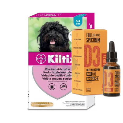 BAYER Kiltix Obroża dla psów średnich dł, 53cm + olej konopny - witamina D3 Forte 30ml (dla ludzi)