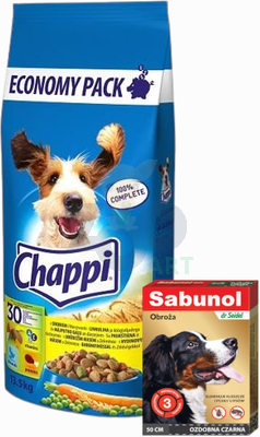 CHAPPI 13,5kg - sucha karma dla psów z drobiem i warzywami + Sabunol - ozdobna czarna obroża przeciw pchłom i kleszczom dla psa 50 cm
