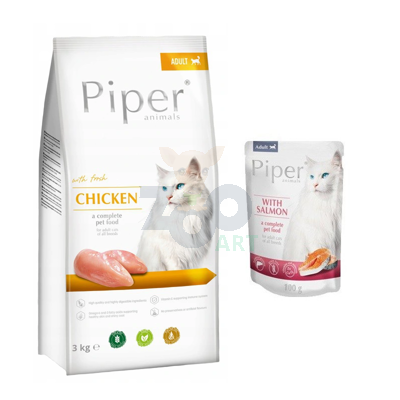 DOLINA NOTECI Piper Animals z kurczakiem dla kotów 3kg + Piper dla kota z łososiem 100g (saszetka) GRATIS