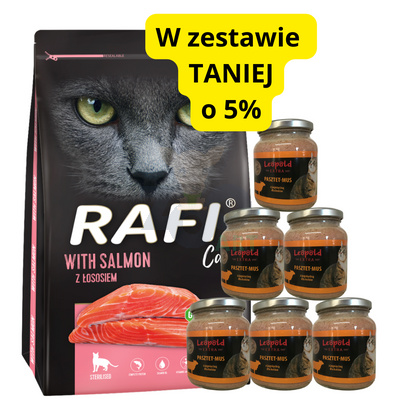 DOLINA NOTECI Rafi Cat karma sucha dla kotów sterylizowanych z łososiem 7kg + Leopold Pasztetowy mus 6x330g