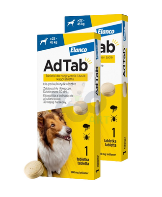 ELANCO 2xAdTab 900mg tabletka na pchły i kleszcze dla psów >22 - 45 kg