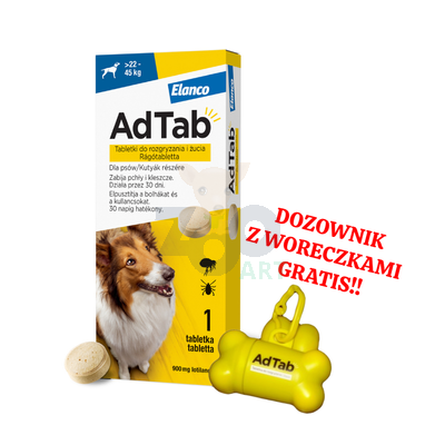 ELANCO AdTab 900mg tabletka na pchły i kleszcze dla psów >22 - 45 kg + Dozownik z woreczkami GRATIS!