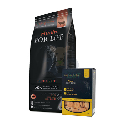 FITMIN For Life Beef & Rice 14kg + FFL Biscuit 180g GRATIS!