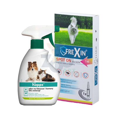 FREXIN Krople przeciw ektopasożytom dla kota 1 ml + HAPPS płyn na kleszcze i komary dla zwierząt 200ml