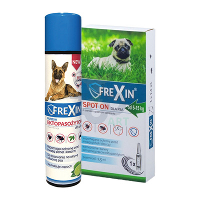 FREXIN Krople przeciw ektopasożytom dla psa 5-15 kg 1,5 ml + FREXIN Aerozol przeciw ektopasożytom 300 ml