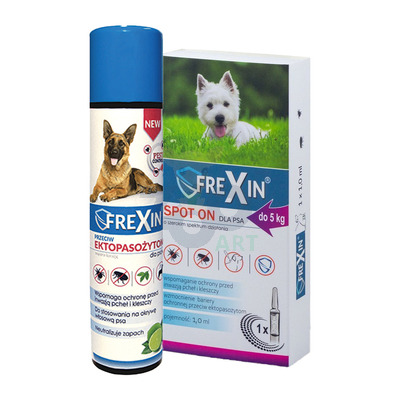 FREXIN Krople przeciw ektopasożytom dla psa do 5 kg 1 ml + FREXIN Aerozol przeciw ektopasożytom 300 ml