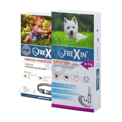 FREXIN Krople przeciw ektopasożytom dla psa do 5 kg 1 ml + FREXIN Obroża insektobójcza dla psa 35 cm