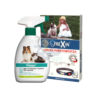 FREXIN Obroża insektobójcza dla kota 30 cm + HAPPS płyn na kleszcze i komary dla zwierząt 200ml